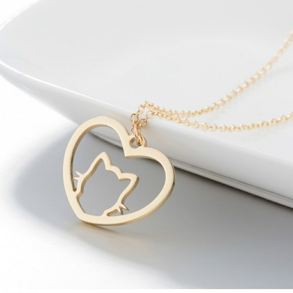 Gold Lovely Heart Kitty Cat Necklace - Picture 2 of 4